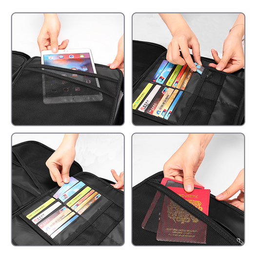 Black travel organizer with various compartments for electronic devices, cards, and documents.